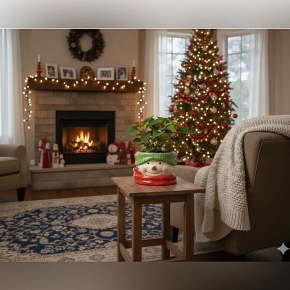 Vintage Snowman Beige/Red/Green Ceramic Plant Pot - Picture 1 of 10